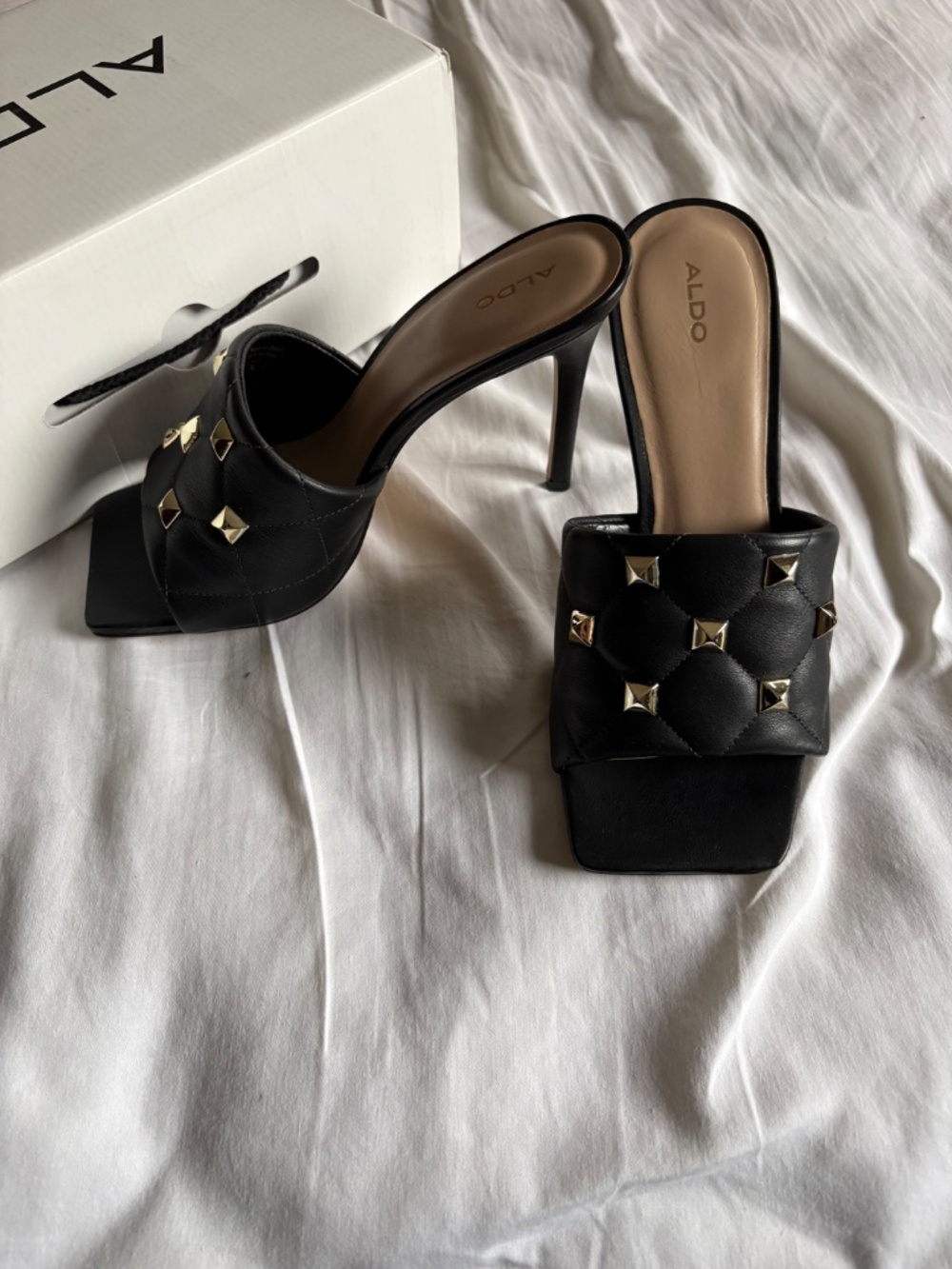 Aldo ZAESA Black Quilted Gold Stud Square Toe Leather High Heel Mule - Picture 3 of 4